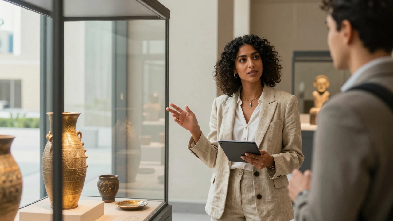 A professional woman explaining a cultural exhibit at the Dubai Museum to a client.
