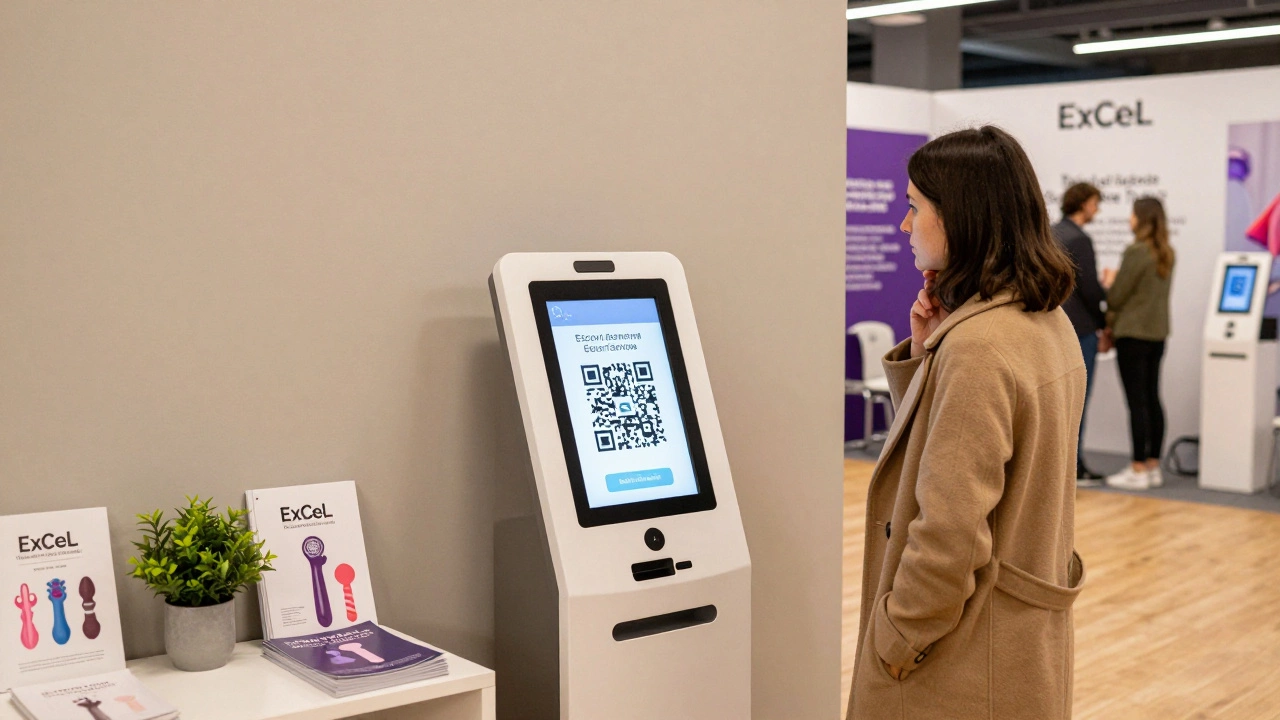 A quiet digital kiosk with a QR code in a serene corner of the trade fair, hinting at human connection beyond technology.
