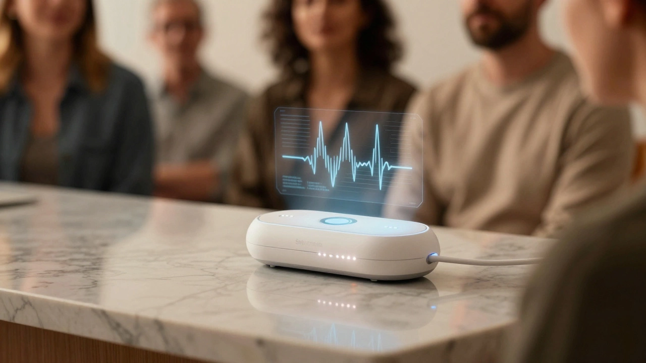 A sleek AI-powered intimacy device with adaptive lighting and holographic interface, displayed on a marble surface.