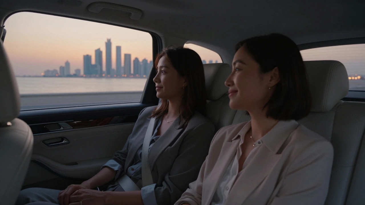 Two women riding together in a luxury car along Dubai&#039;s coastal road at sunset.